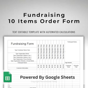 Class or Event 10 Items Fundraiser Order Form Google Sheets Template With Automated Totals Calculations Printable As US Letter Size