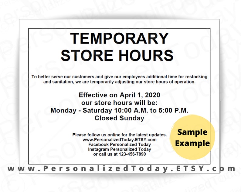 Printable Temporary Store Hours Door Window Sign Editable Etsy