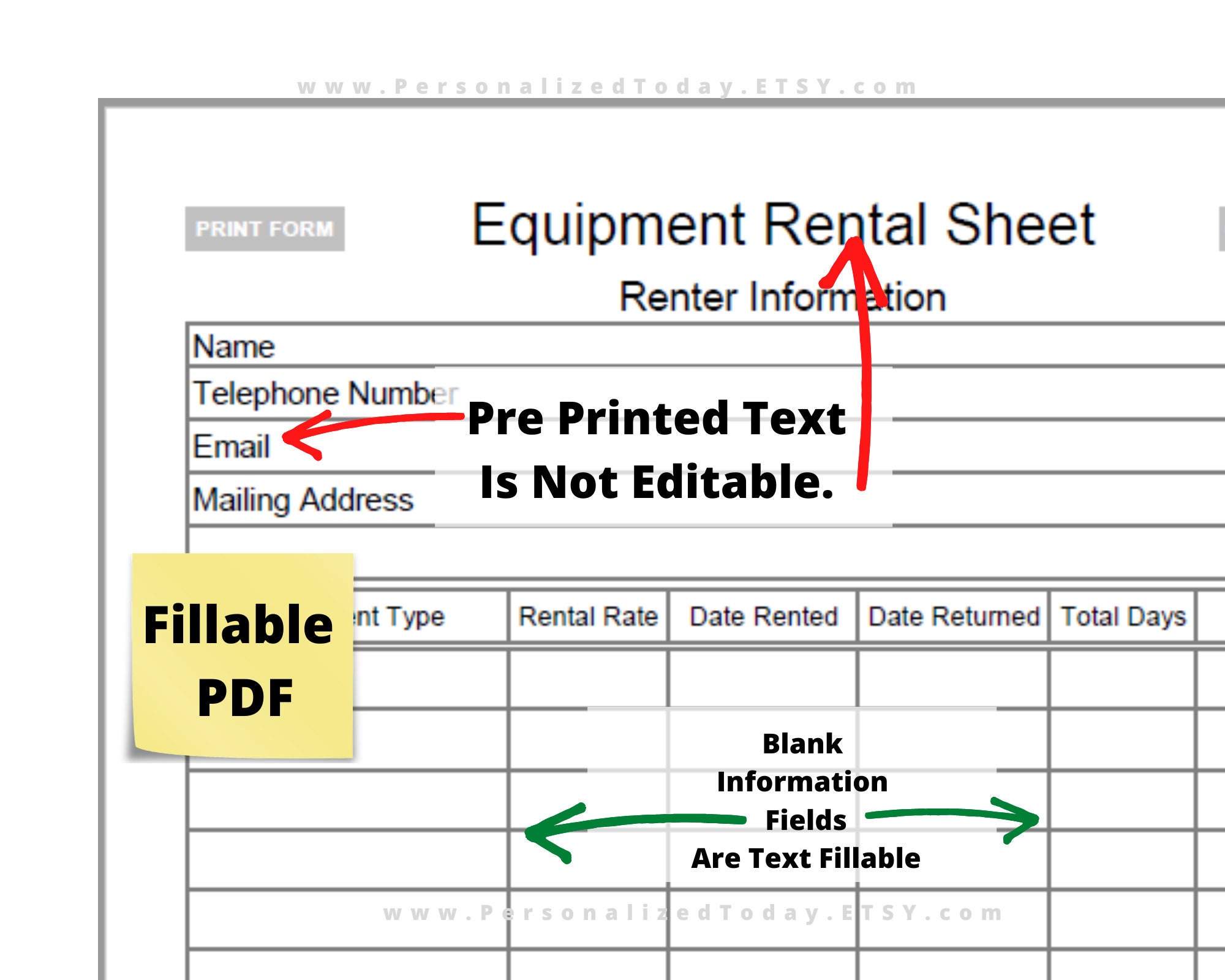 Equipment Rental Sheet Printable PDF Rate and Condition Checkout for