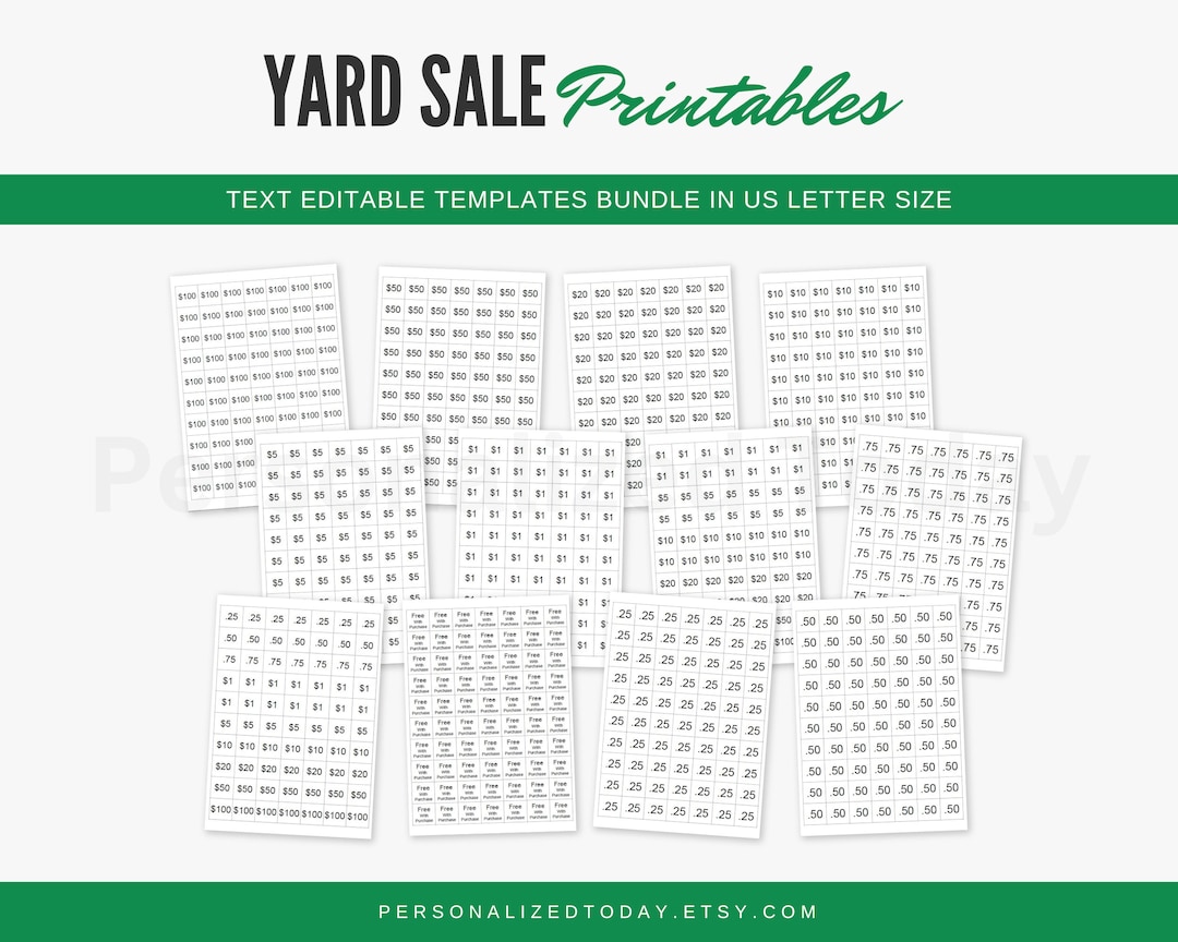 Garage Sale or Yard Sale Labels Printable Pricing Tags Text & Number