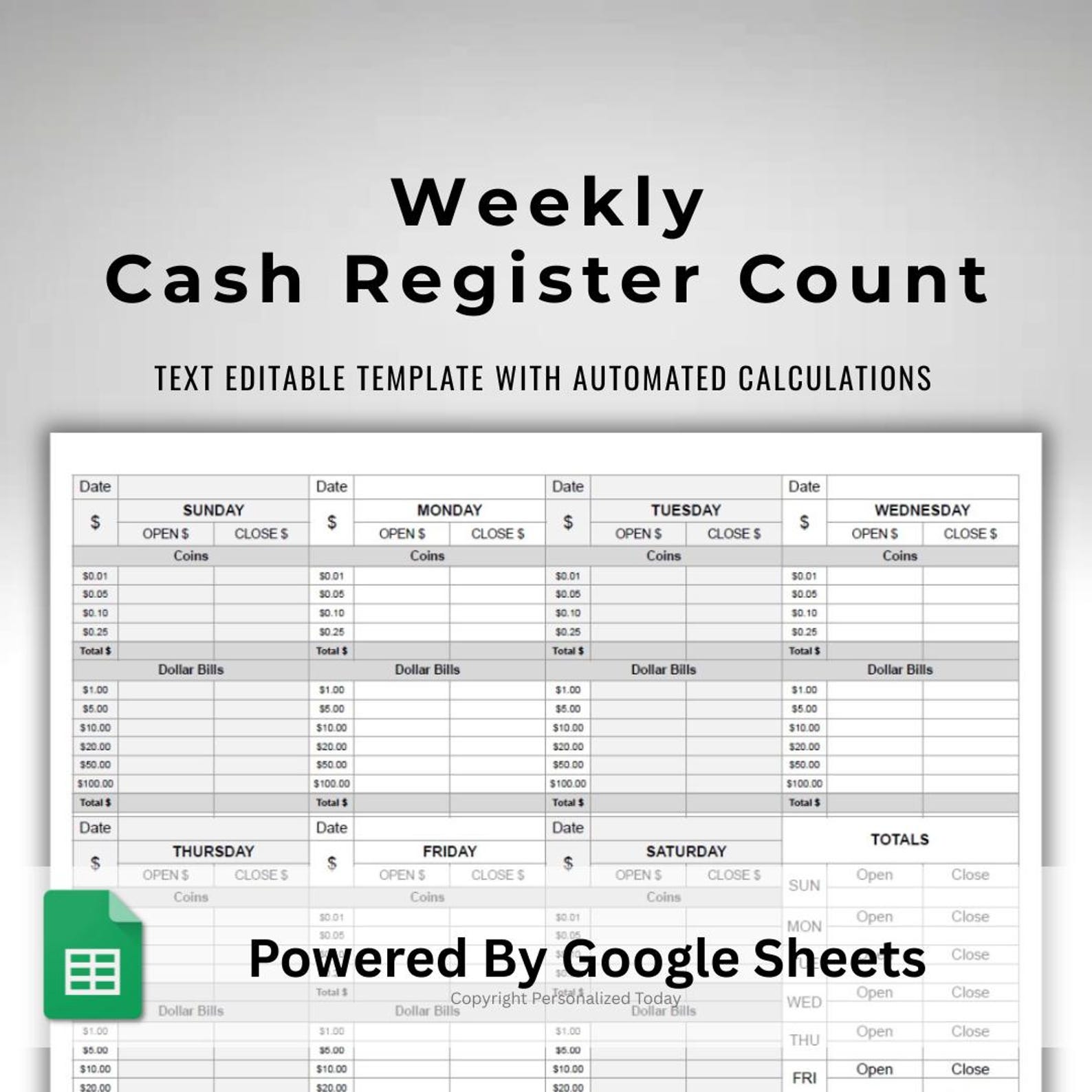 Weekly Register Layout Weekly Cash Register Count Breakdown Template With Blank Dates Google ...