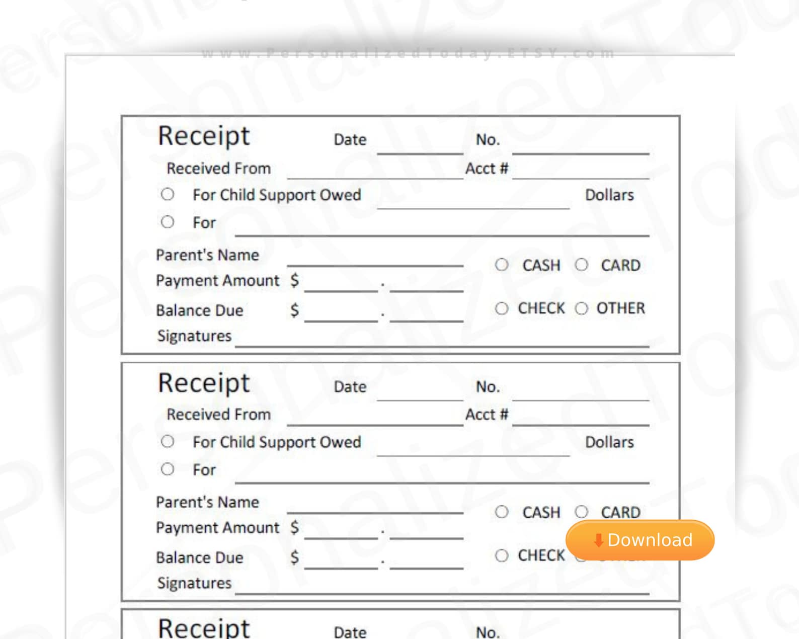 Printable Child Support Receipt for DIY Receipt Book
