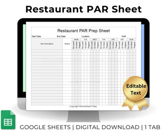 Restaurant Inventory PAR Prep Sheet Monday Start - Text Editable Google Sheets Template - Fillable Text - PAR, On Hand and Prepped Counts