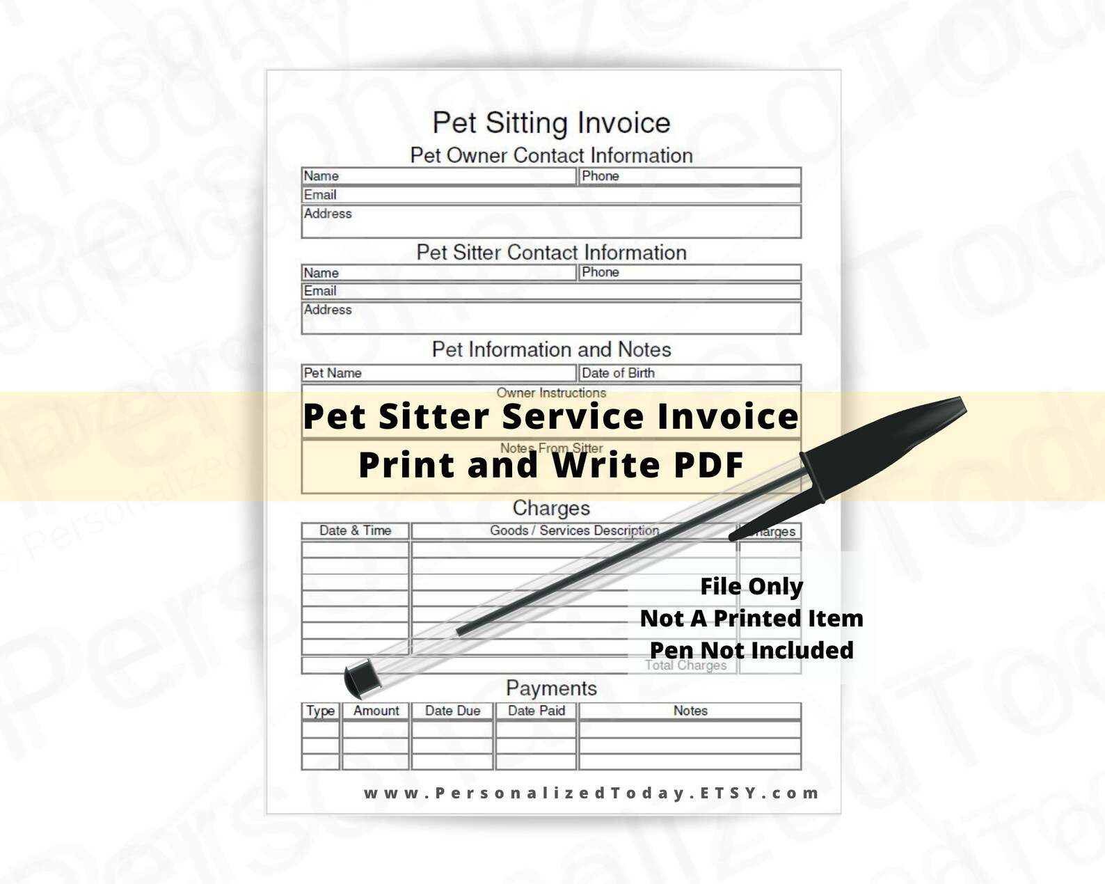 Pet Sitting Service Invoice Printable and Fillable PDF Digital Etsy