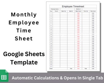 Daily Monthly Employee Timesheet With Meals Google Sheets Editable Spreadsheet Template With Totals Calculations