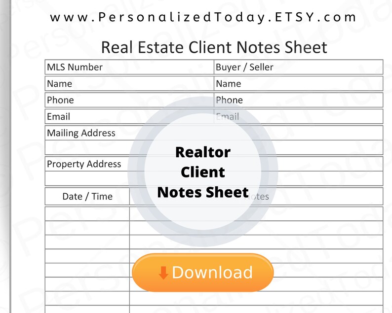 Printable Real Estate Client Information and Notes Sheet Digital