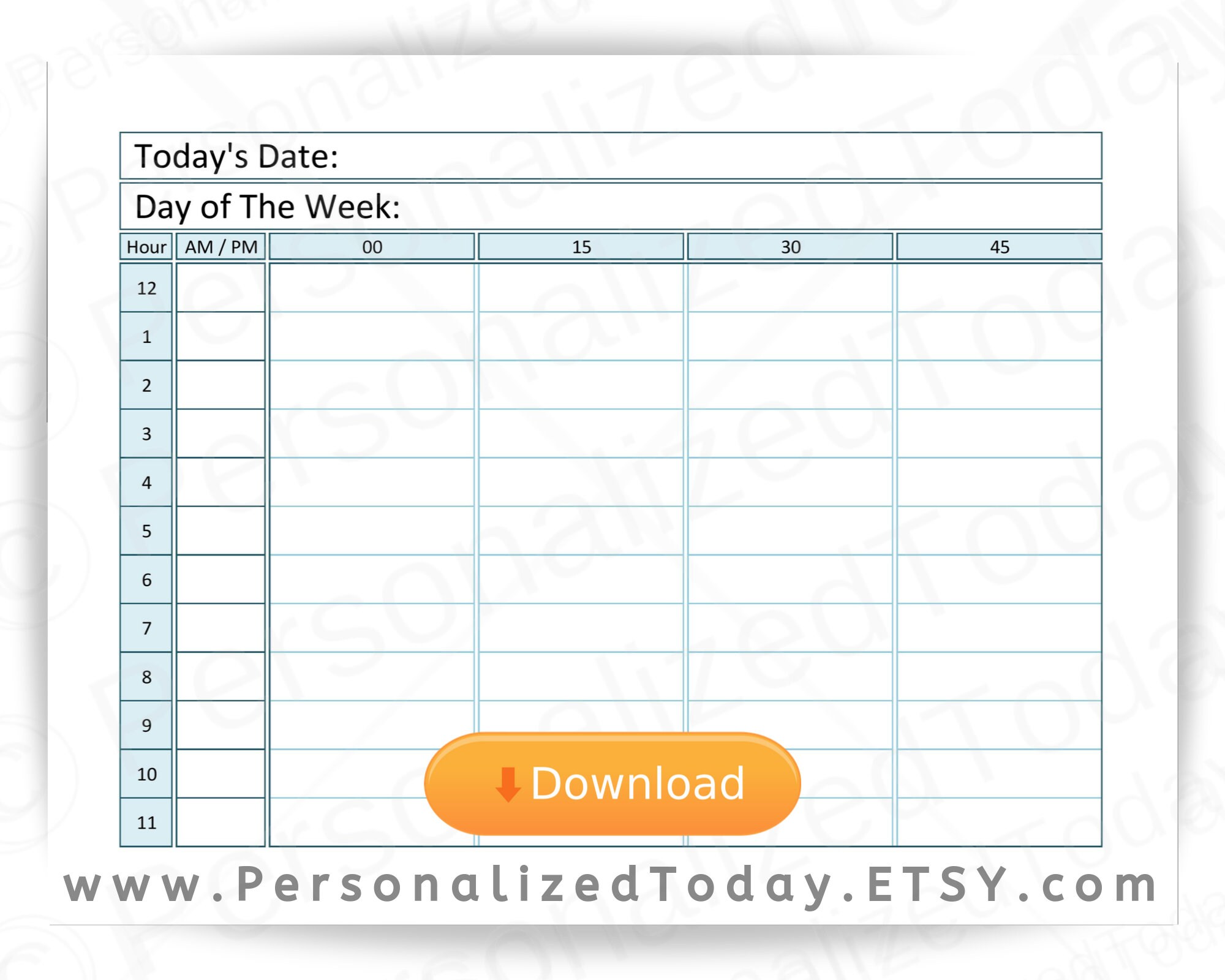 Printable 12 Or 24 Hours Daily Time Planner 15 Minute Etsy