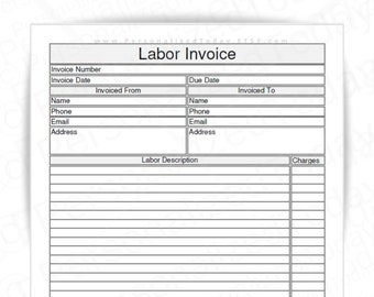 Labor Invoice Text Input Fields Fillable and Print and Write PDF Digital Download Files US Letter Size