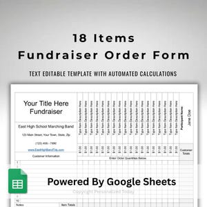 Customizable 18 Items Fundraiser Order Form Template For Google Sheets With Editable Organization Details