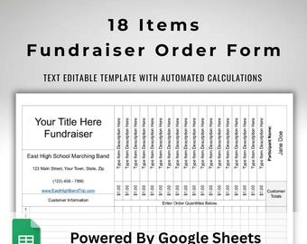 Customizable 18 Items Fundraiser Order Form Template For Google Sheets With Editable Organization Details