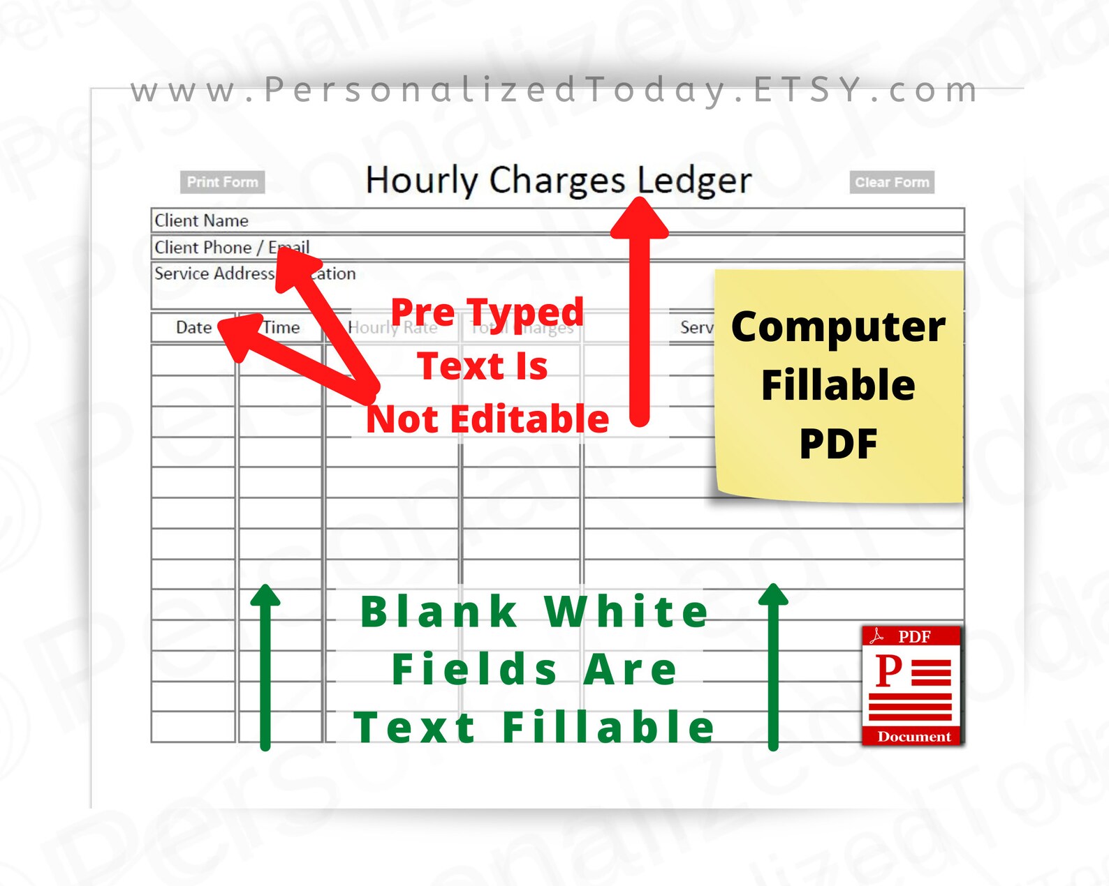 Hourly Charges Time and Rate Ledger Printable Download and Etsy