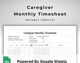 Caregiver Monthly Timesheet - Automated Payroll Hours Tracking Template - Printable Patient Care Provider Log - Google Sheets