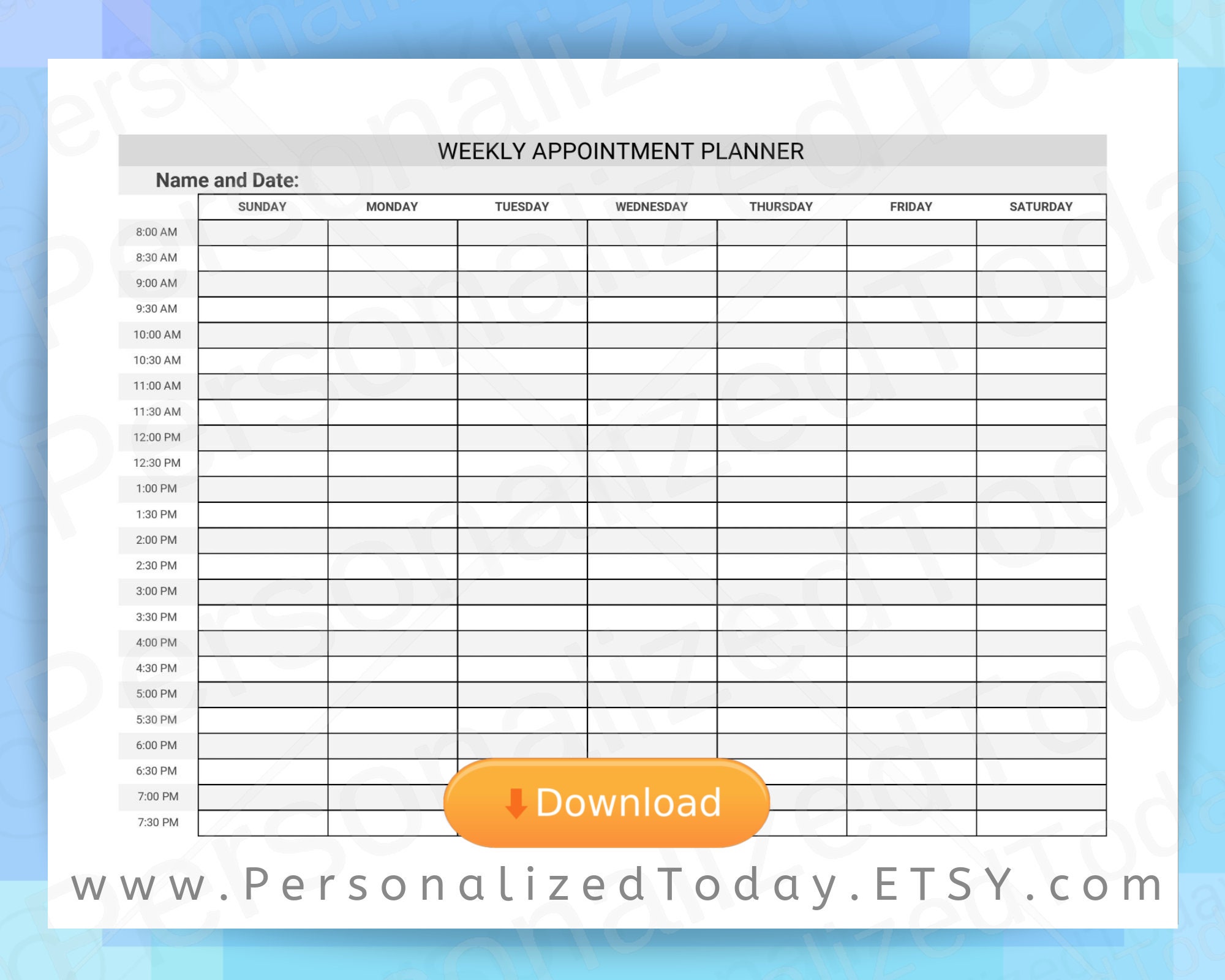 weekly printable schedule 8 a m through 8 p m 12 hour time etsy