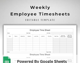 Employee Time Sheet Google Sheets - Weekly Hours Log with Breaks and Lunch - Small Business Timecard Template - Printable Multi Page Tracker