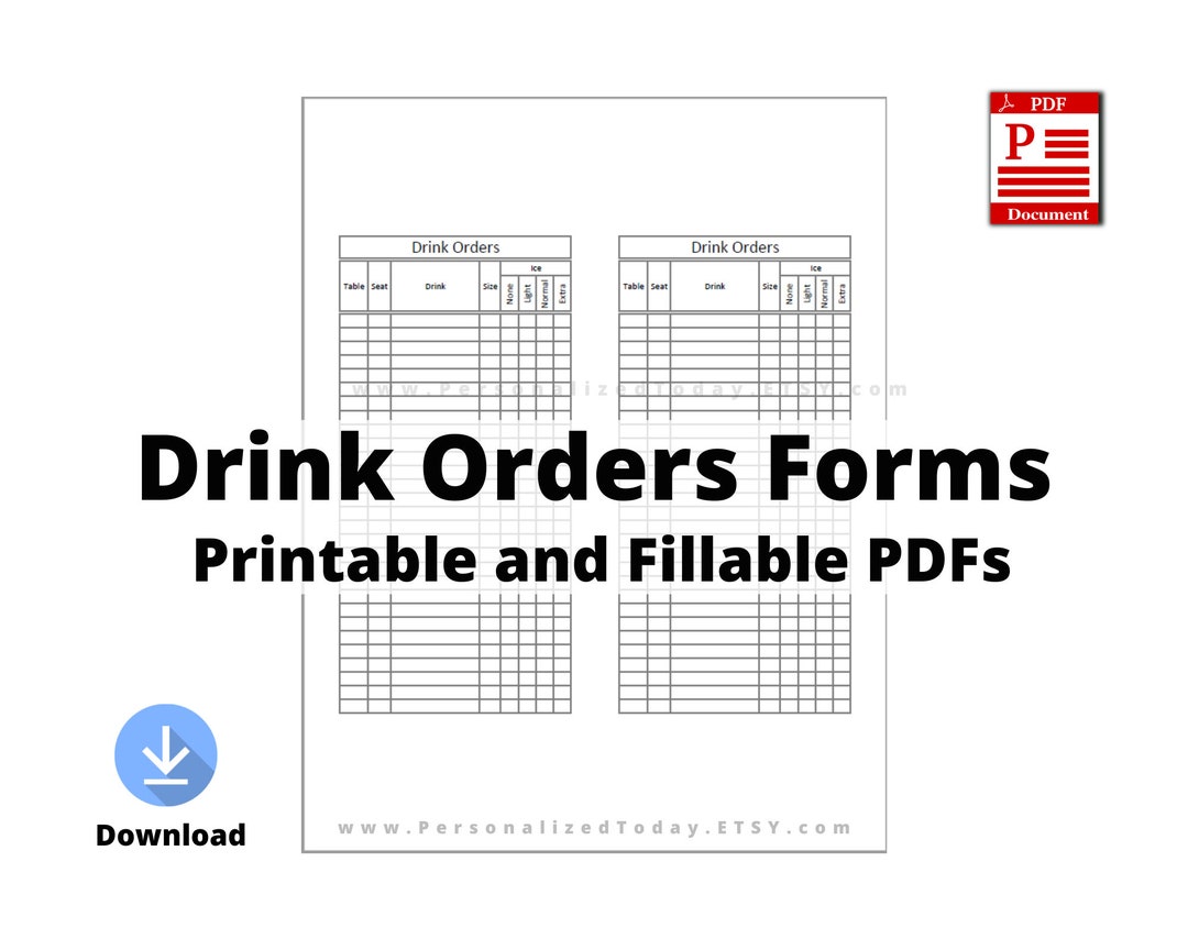 Printable Drink Order Forms for Restaurant and Food Service Etsy