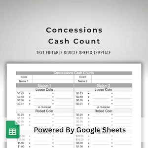 Google Sheets Concessions End of Shift Cash Count - Snack Stand Cash Envelope Tracker - Auto Calculated Concessions Revenue Totals Sheet