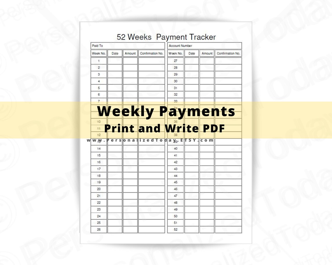 Weekly Payments Tracker Fillable and Print and Write PDF Etsy