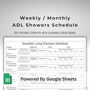 Op de afbeelding: Een wit document getiteld "Weekly / Monthly ADL Showers Schedule" met een bewerkbare sjabloon en aanklikbare selectievakjes. Het document is voor douches in de zorg, met secties voor de naam van de bewoner, voorkeursdagen en tijden.
