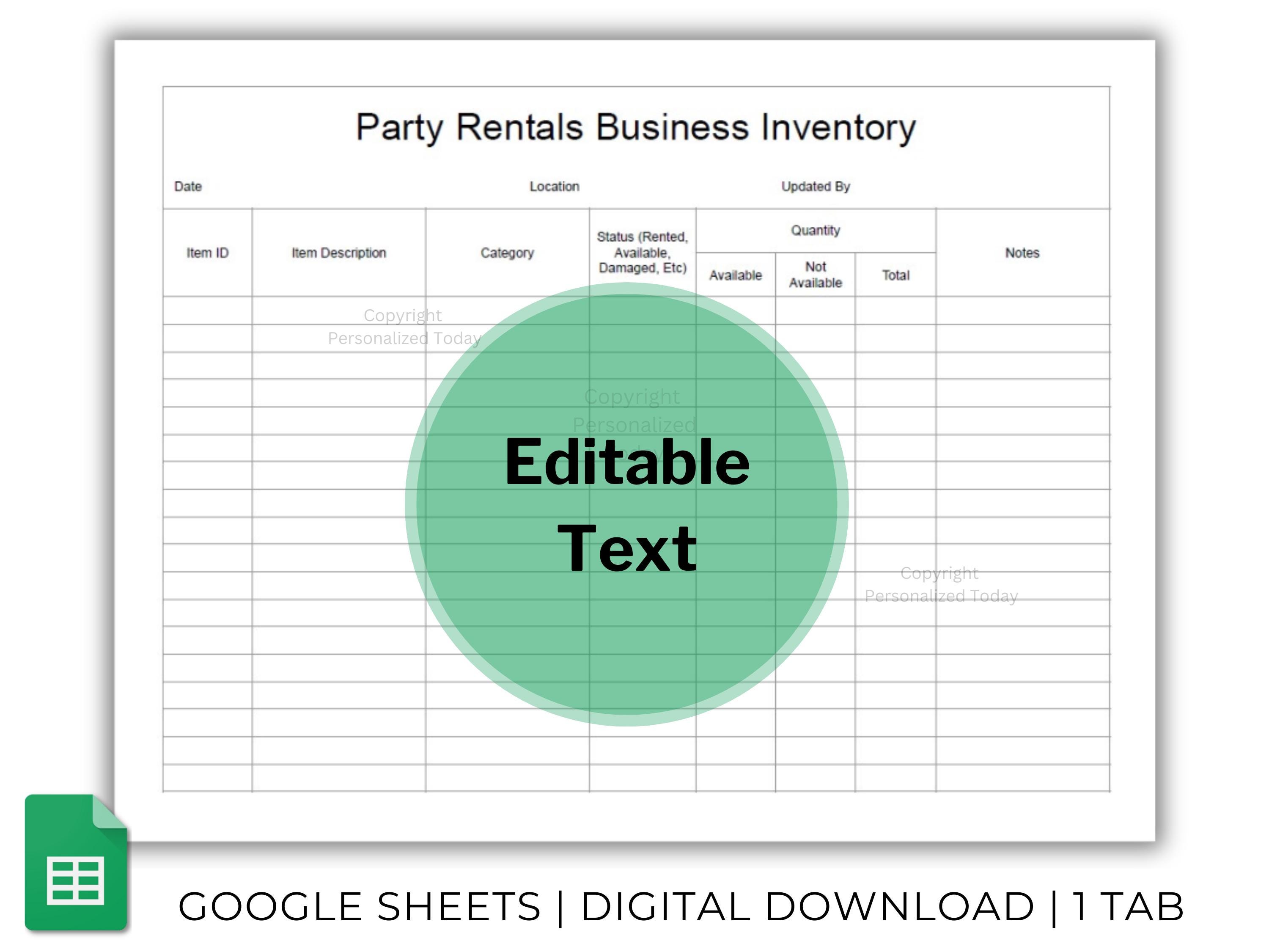 Party Rentals Inventory Management Template - Stock and Rental Status ...