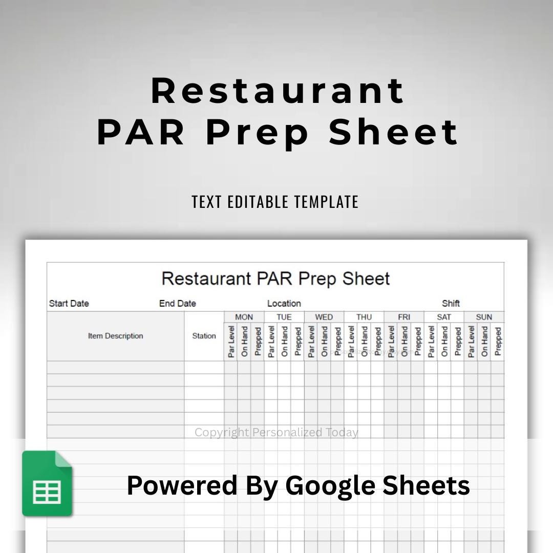 Restaurant Inventory PAR Prep Sheet Monday Start Text Editable Google