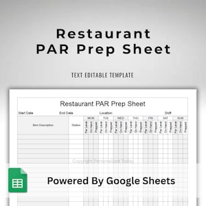 Restaurant Inventory PAR Prep Sheet Monday Start - Text Editable Google Sheets Template - Fillable Text - PAR, On Hand and Prepped Counts