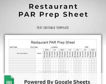 Restaurant Inventory PAR Prep Sheet Monday Start - Text Editable Google Sheets Template - Fillable Text - PAR, On Hand and Prepped Counts