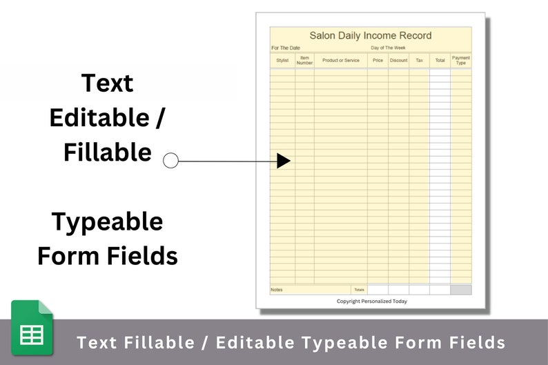 Service Income Recording Google Sheets Salon Daily Income Record Text Fillable / Text Editable ...
