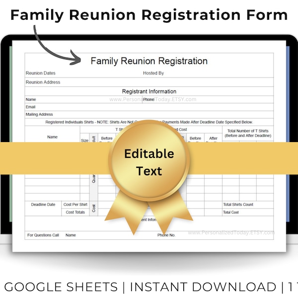 Family Reunion Registration Form Reunion Event Planner Google Sheets Template For Organizing Family Reunion Guest Attendance & T Shirts Info