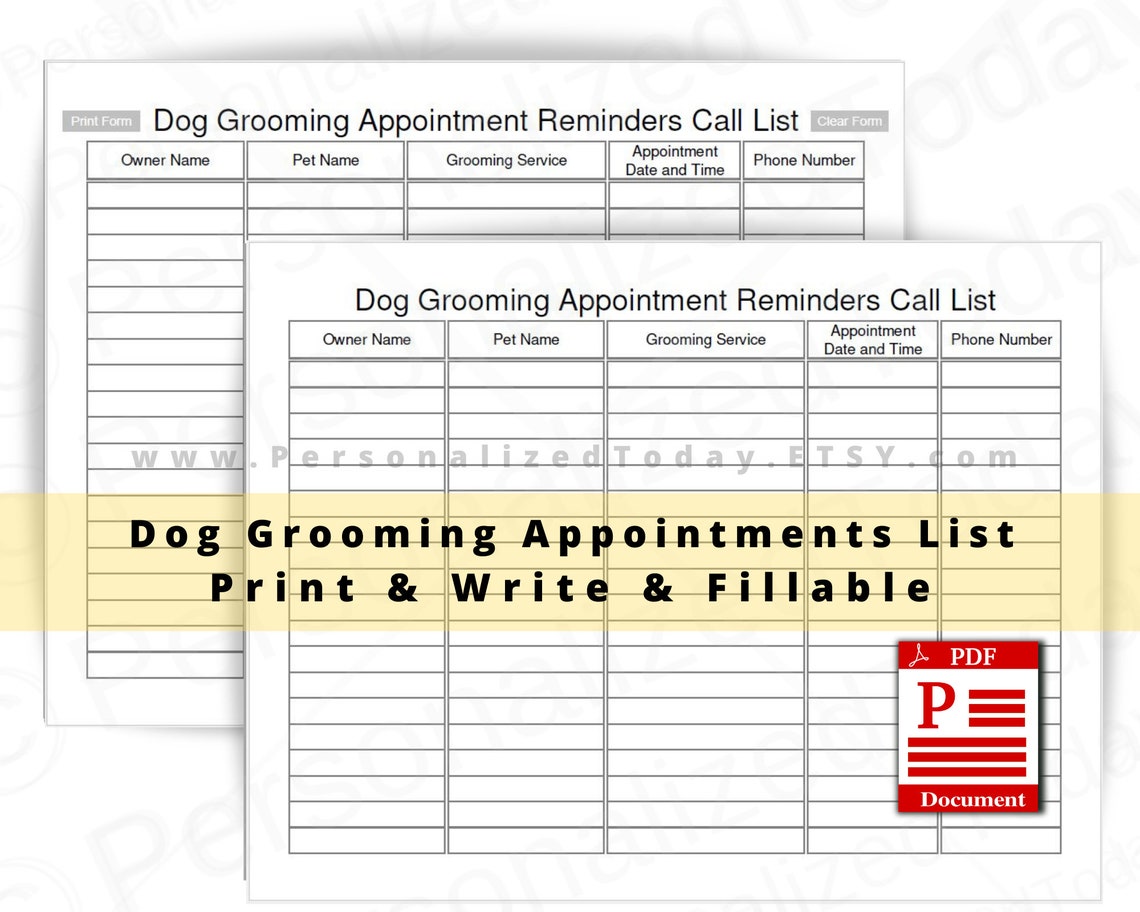 Dog Grooming Appointment Reminders Call List Fillable and Etsy