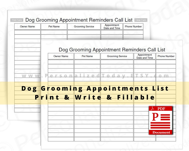 Dog Grooming Appointment Reminders Call List Fillable and Etsy