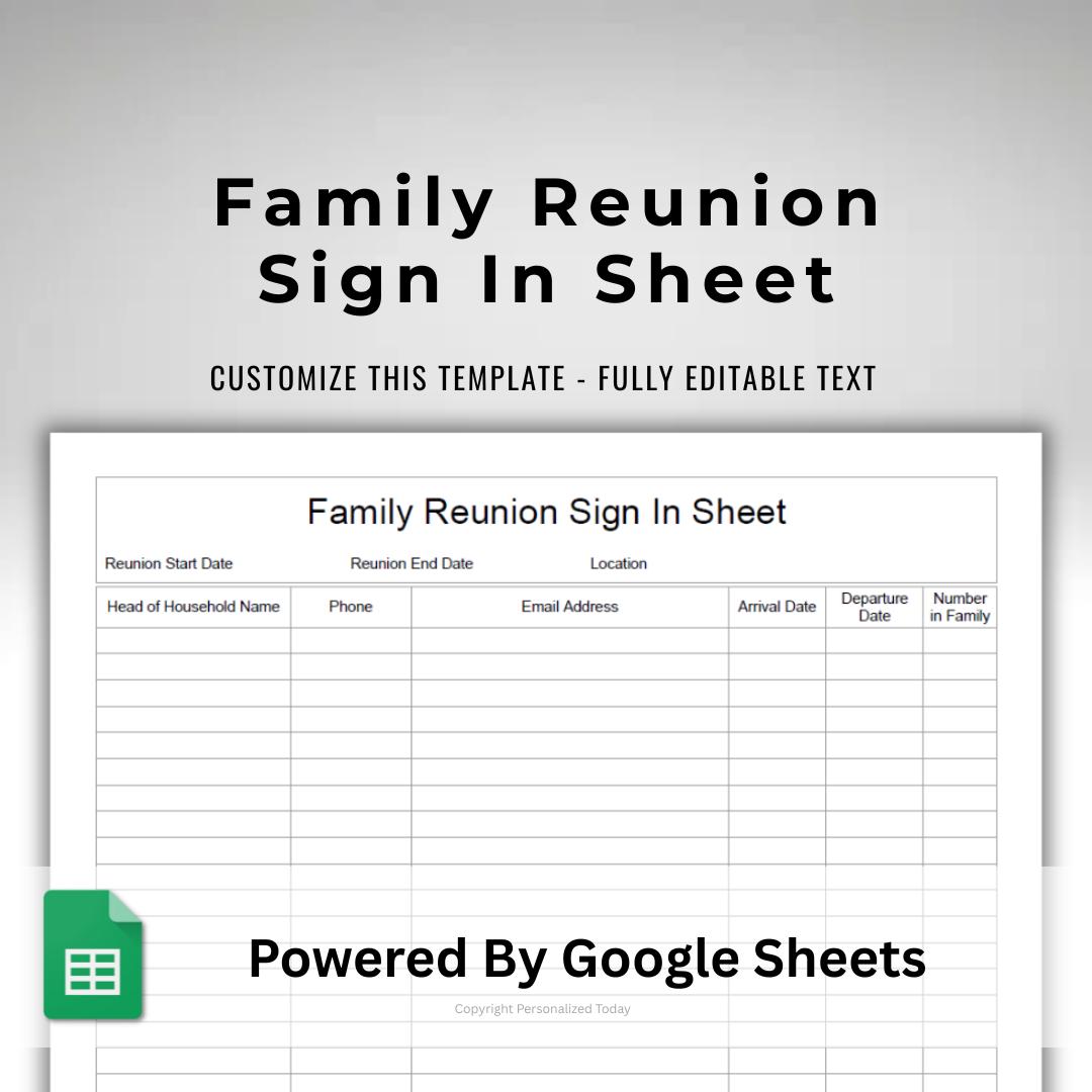 Family Reunion Sign In Sheet Family Get Together Guests Register Attendance List Text Editable Google Sheets Template US Letter Size
