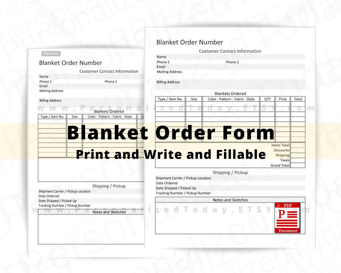 Blanket Order Form Fillable and Print and Write PDF Digital Etsy