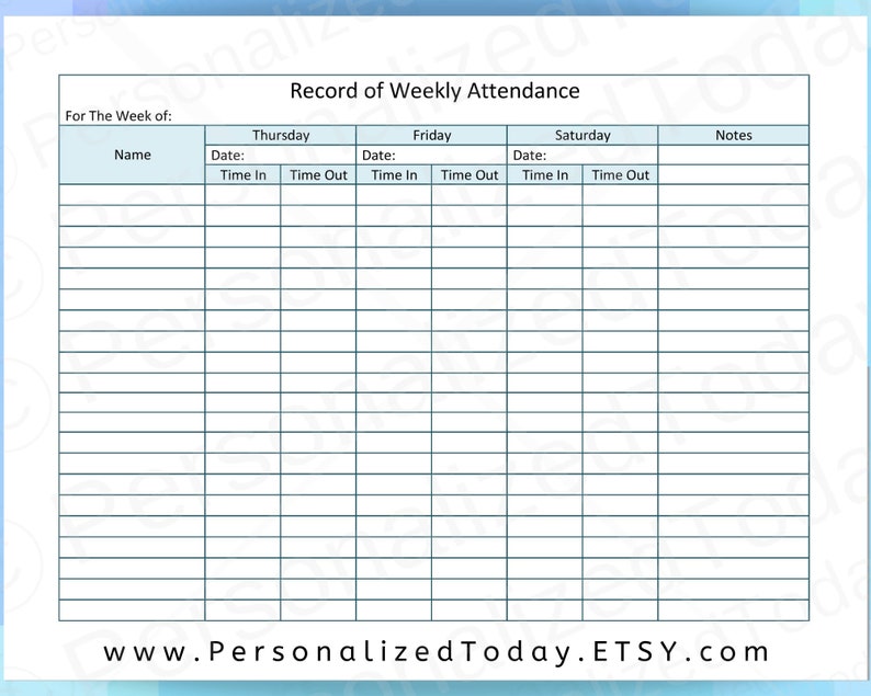 Printable Weekly Child Care Attendance Sheet PDF Digital