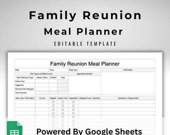 Family Reunion Menu Planner - Google Sheets Food Tracker - Dietary and Allergy Needs Summary - Event Meal Prep List