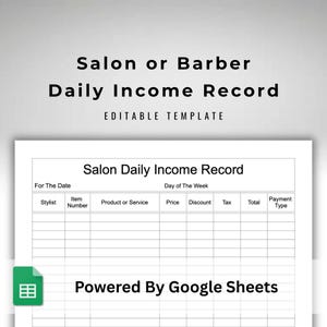 Google Sheets Salon Daily Income Record Text Fillable / Text Editable Spreadsheet With Automated Hourly Labor Charges Calculations
