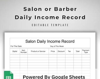 Google Sheets Salon Daily Income Record Text Fillable / Text Editable Spreadsheet With Automated Hourly Labor Charges Calculations