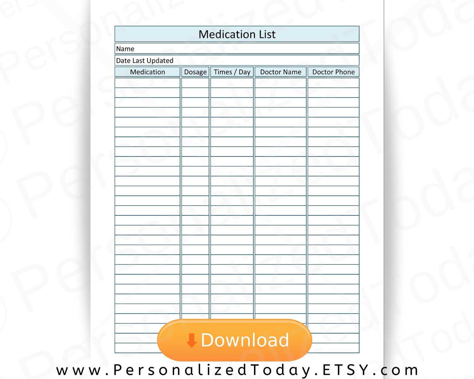 Print and Write PDF Medication List Medicine Names Dosage Etsy