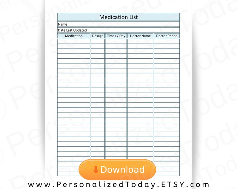 Print and Write PDF Medication List Medicine Names Dosage Etsy