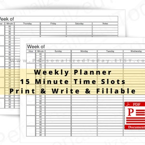 Weekly 15 Minute Time Increment Planner Fillable and Print and - Etsy