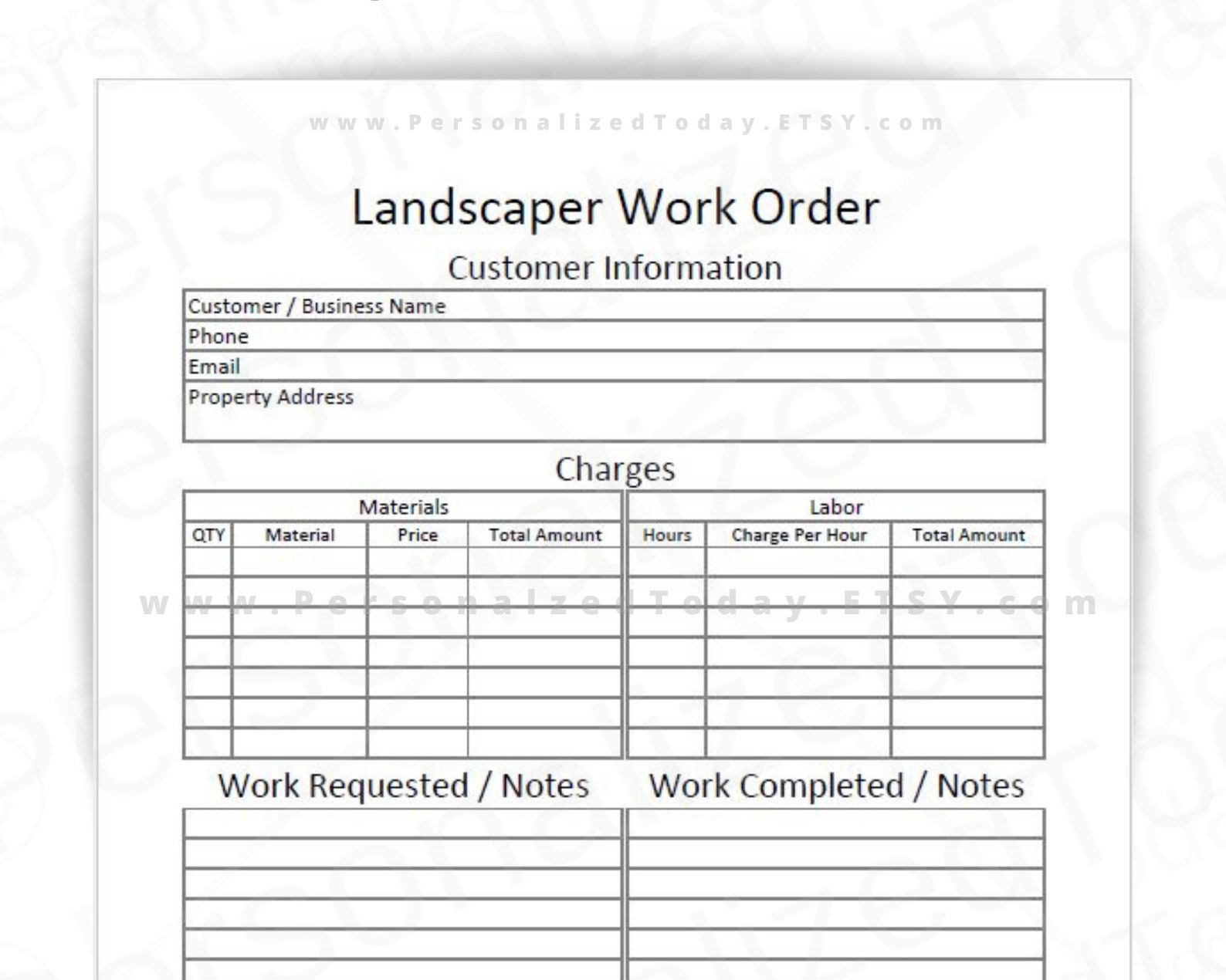 Landscaping Work Order Print and Write and Fillable PDFs US Etsy