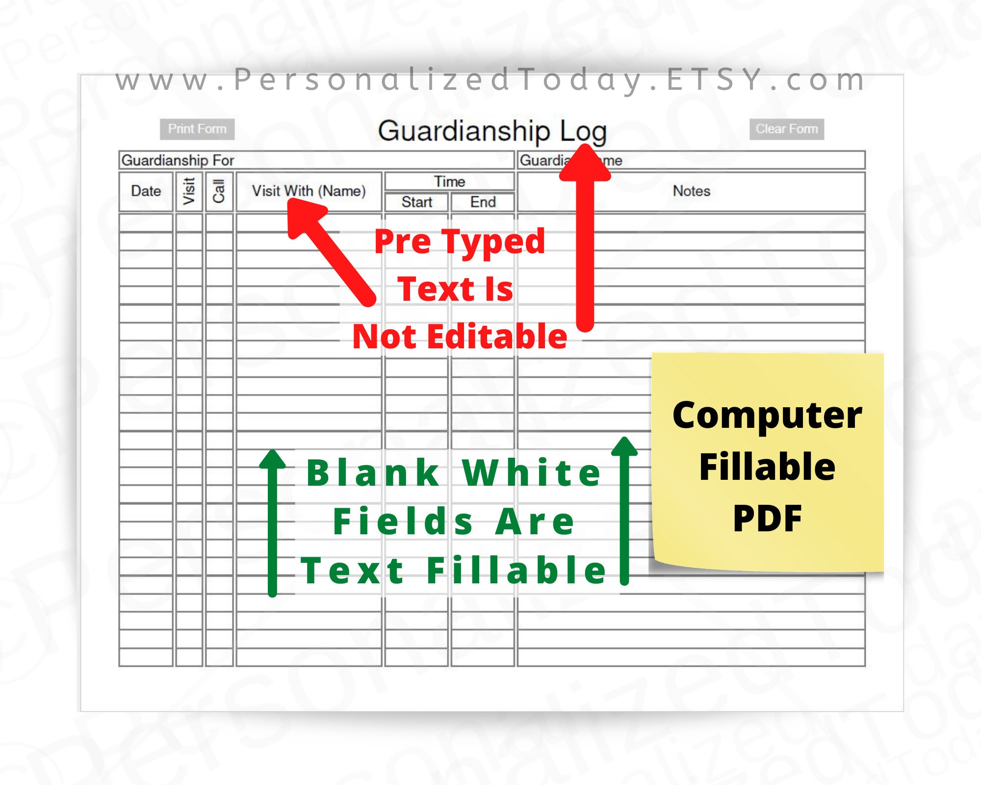 Guardianship Log Fillable and Printable PDF Digital Download Etsy Canada