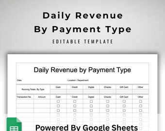 Daily Revenue Tracker Google Sheets - Digital Income Log - Payment Type Tracker - Cash Credit Check Bookkeeping Spreadsheet - Sales Template