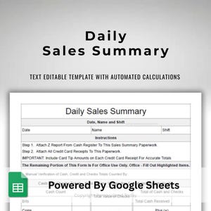 End of Day Cash Count - Shift Bills, Coins and Checks Totals Form - Register Spreadsheet - Editable Google Sheets Template - Auto Calculated
