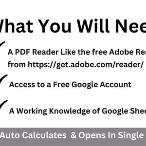 May include: A checklist with three items: a PDF reader, a free Google account, and a working knowledge of Google Sheets. The text "Auto Calculates & Opens In Single Tab" is below the checklist.