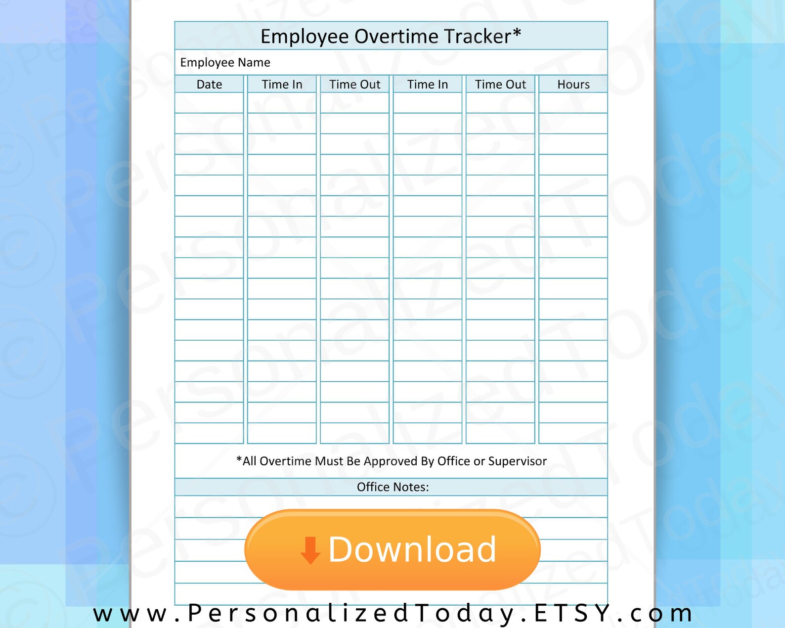 Employee Overtime Tracker Printable PDF Digital Download Form Etsy