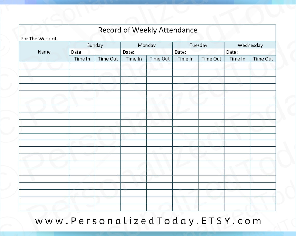 Printable Weekly Child Care Attendance Sheet PDF Digital - Etsy