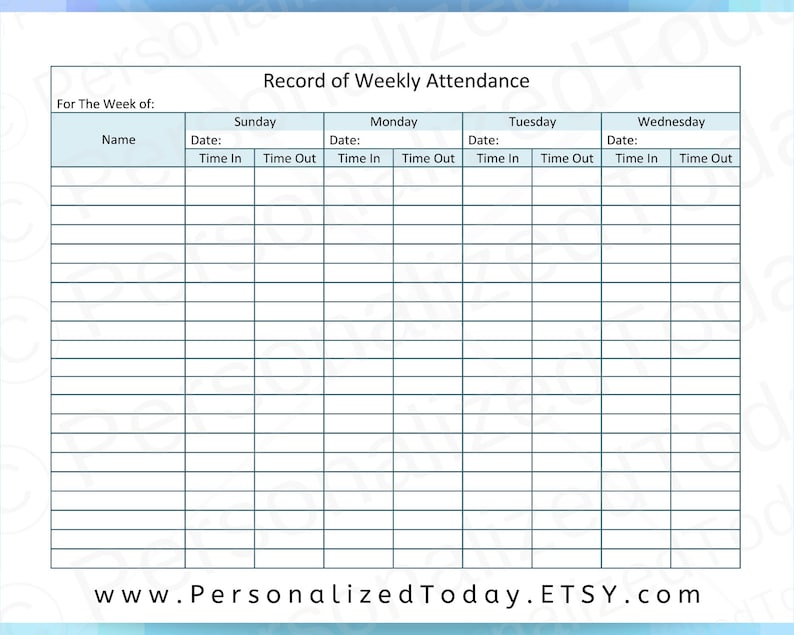 Printable Weekly Child Care Attendance Sheet PDF Digital
