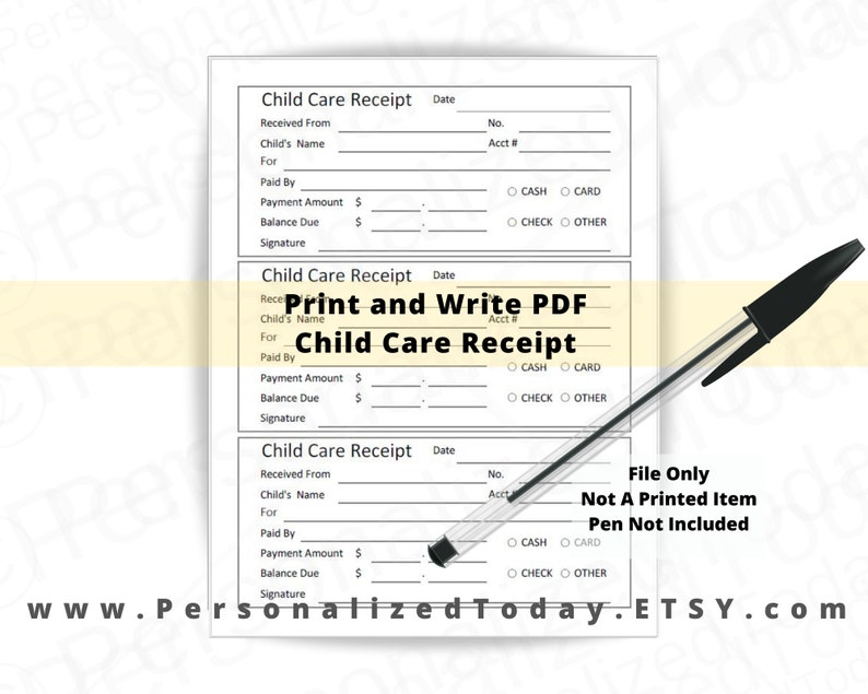 printable child care receipts fillable and print and write pdf etsy