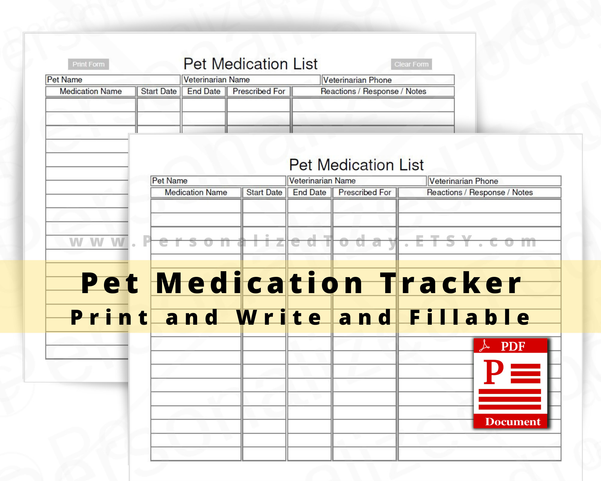 Pet Medication List Fillable and Print and Write PDF Files US Etsy
