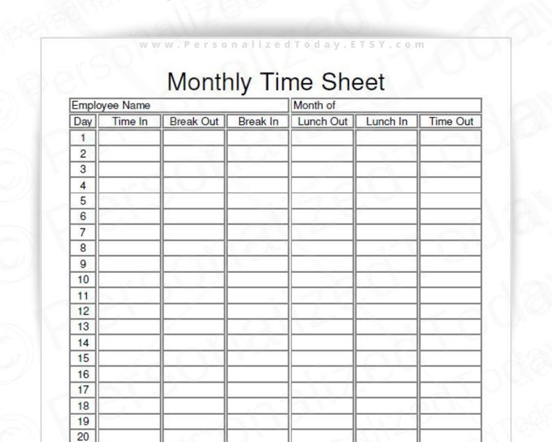 Monthly Employee Timesheet Fillable And Printable Pdf Digital Download